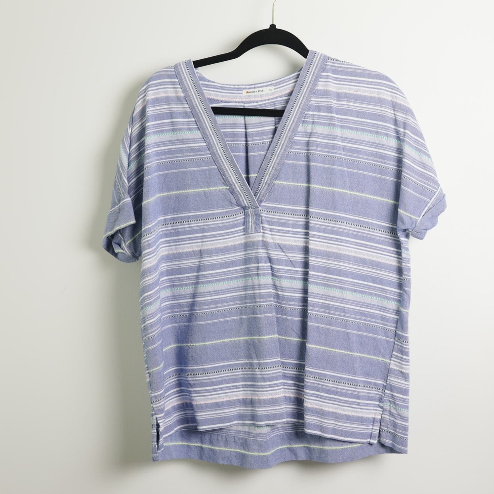 Marine Layer Breezy Coastal Light Blue White Striped V-Neck Cotton Tunic